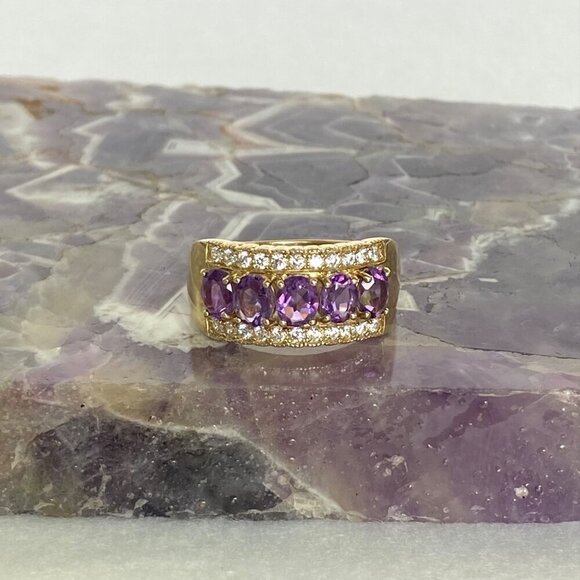 Gold Vermeil Sterling Silver 925 Prong Set Oval Amethyst CZ Wide Band Ring Sz 9 - Picture 4 of 16